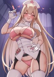 Rule 34 | 1girl, :d, alternate costume, bikini, blonde hair, blush, breasts, cleavage, front-tie bikini top, front-tie top, garter straps, gloves, goddess of victory: nikke, hand on own hip, hat, heart, heart-shaped pupils, highres, holding, holding syringe, horns, large breasts, long hair, looking at viewer, mole, mole under eye, nurse, nurse cap, open mouth, pink bikini, pink horns, red eyes, skindentation, smile, solo, swimsuit, symbol-shaped pupils, syringe, teeth, thighhighs, upper teeth only, very long hair, viper (nikke), wabimochi, white gloves