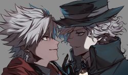 Rule 34 | 2boys, amakusa shirou (fate), dark-skinned male, dark skin, earrings, edmond dantes (fate), fate/apocrypha, fate/grand order, fate (series), gloves, hand on another&#039;s chin, hand on own chin, hat, jewelry, looking at another, maka (mksrw), male focus, multiple boys, spiked hair, stole, stroking own chin, wavy hair, white hair, yellow eyes