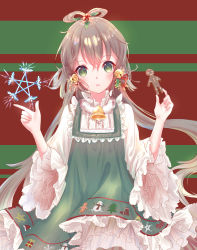 Rule 34 | 1girl, :o, bell, blush, brown hair, commentary, dress, fingernails, food, gingerbread man, green dress, green eyes, hair bell, hair between eyes, hair ornament, head tilt, hexagram, highres, holding, holding food, long hair, long sleeves, low twintails, luo tianyi, parted lips, shirt, sidelocks, solo, star (symbol), star of david, twintails, very long hair, vocaloid, vocanese, white shirt, wide sleeves, yaduo