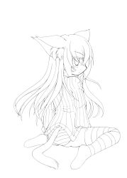 Rule 34 | 1girl, ?, absurdres, animal ears, blush, cat ears, cat tail, greyscale, highres, kemonomimi mode, lineart, long hair, looking at viewer, looking back, monochrome, original, panties, ribbed sweater, sakurano asahi, sitting, solo, striped clothes, striped panties, striped thighhighs, sweater, tail, thighhighs, transparent background, underwear, wariza