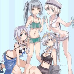 Rule 34 | 4girls, black ribbon, blue eyes, braid, breasts, commentary request, flat chest, grey eyes, grey hair, hachimaki, hair between eyes, hair tie, hairband, hat, headband, kantai collection, kasumi (kancolle), kneeling, long hair, looking at viewer, medium breasts, microskirt, mole, mole under eye, multiple girls, one side up, open mouth, parted bangs, pleated skirt, ribbon, sailor bikini, sailor collar, sailor hat, short hair, side ponytail, single braid, sitting, skirt, small breasts, smile, standing, sugue tettou, suzutsuki (kancolle), swimsuit, tupet, umikaze (kancolle), very long hair, white hair, white hairband, yellow eyes, z1 leberecht maass (kancolle)