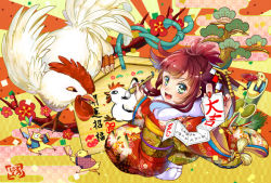 Rule 34 | 1girl, :d, animal, bamboo, bird, branch, calligraphy, calligraphy brush, chibi, chick, chicken, chinese zodiac, clothed animal, cloud, commentary request, confetti, egasumi, ema, feet, floral print, flower, from above, fur-trimmed kimono, fur trim, furisode, green eyes, holding, japanese clothes, kadomatsu, kimono, long hair, looking at viewer, looking up, maronie., maroon hair, nail polish, nengajou, new year, obi, omikuji, open mouth, original, paintbrush, print kimono, red flower, red kimono, red nails, rooster, sash, shide, sidelocks, smile, soles, star (symbol), sunburst, tabi, translation request, tree, wide sleeves, year of the rooster