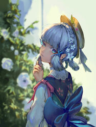Rule 34 | 1girl, absurdres, ayaka (genshin impact), blue dress, blue eyes, blue hair, blunt bangs, braid, butterfly hair ornament, closed mouth, commentary request, dress, flower, from behind, furioso, genshin impact, hair flower, hair ornament, hand in own hair, hand up, hat, high collar, highres, kamisato ayaka, kamisato ayaka (springbloom missive), light blue hair, looking at viewer, official alternate costume, solo, upper body, white flower