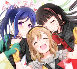 Rule 34 | 3girls, alternate hairstyle, aqua hair, artist name, artist request, azalea (love live!), black bow, black choker, black dress, black hair, black hairband, blue hair, blunt bangs, blush, bow, breasts, brown hair, buttons, choker, cleavage, close-up, closed eyes, collarbone, curly hair, dress, earrings, female focus, floating hair, frilled dress, frilled sleeves, frills, gloves, green dress, green gloves, grey bow, hair between eyes, hairband, hand on hair, high ponytail, himitsu no story (love live!), holding, holding hands, in the dark (love live!), jewelry, kunikida hanamaru, kurosawa dia, light brown hair, long hair, long sleeves, looking at viewer, love live!, love live! school idol festival, love live! sunshine!!, matsuura kanan, mole, mole under mouth, multicolored hair, multiple girls, parted lips, plaid, plaid dress, pleated, pleated dress, ponytail, purple eyes, red dress, short sleeves, shorts under dress, smile, the secret story (love live!), triangle print, two-tone dress, upper body, white background, yellow dress, yellow gloves, yellow hairband
