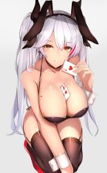 Rule 34 | 1girl, ace (playing card), ace of hearts, animal ears, antenna hair, azur lane, between breasts, black leotard, black thighhighs, blush, breasts, brown eyes, card, card between breasts, choker, cleavage, collarbone, commentary, cross, cross earrings, earrings, fake animal ears, fishnet thighhighs, fishnets, garter straps, grey background, hair between eyes, heart, high heels, highres, holding, holding card, iron cross, jewelry, kameponde, large breasts, leotard, long hair, looking at viewer, mole, mole on breast, multicolored hair, parted lips, playboy bunny, playing card, prinz eugen (azur lane), rabbit ears, red footwear, red hair, ribbon, sidelocks, silver hair, simple background, smile, solo, squatting, streaked hair, thighhighs, thighs, two side up, very long hair, wrist cuffs
