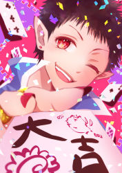 Rule 34 | 1boy, ;d, andro m. jazz, black hair, card, confetti, earrings, highres, ichika392, jewelry, looking at viewer, mairimashita! iruma-kun, male focus, nail polish, one eye closed, open mouth, playing card, pointy ears, red eyes, red nails, short hair, smile, stud earrings, upper body