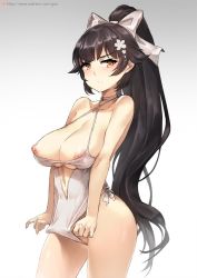 Rule 34 | 1girl, azur lane, bare shoulders, black hair, bow, breasts, brown eyes, center opening, choker, cleavage, closed mouth, clothes lift, contrapposto, cowboy shot, criss-cross halter, flower, frontal wedgie, gao (gaolukchup), gradient background, hair bow, hair flower, hair ornament, halterneck, high ponytail, large breasts, navel, nipple slip, nipples, one-piece swimsuit, patreon username, ponytail, pussy, pussy peek, simple background, solo, standing, swimsuit, swimsuit lift, takao (azur lane), takao (beach rhapsody) (azur lane), wedgie, white one-piece swimsuit