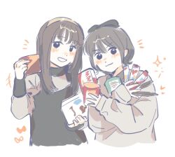 2girls :3 animification black_hair blush brown_hair closed_mouth commentary cropped_torso flipped_hair food grey_sweater hairband holding holding_food holding_snack long_hair long_sleeves looking_at_viewer multiple_girls nose_blush notice_lines photo-referenced real_life sakurai_hina short_hair simple_background smile sparkle sweater symbol-only_commentary takao_kanon upper_body v-shaped_eyebrows voice_actor white_background woodonly yellow_hairband