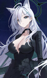 Rule 34 | 1girl, ahoge, animal ear fluff, animal ears, black choker, black dress, blue archive, blue eyes, breasts, choker, cleavage, closed mouth, collarbone, cross hair ornament, dark halo, dress, extra ears, grey hair, hair ornament, halo, highres, large breasts, long hair, long sleeves, looking at viewer, mismatched pupils, purple z, shiroko (blue archive), shiroko terror (blue archive), solo, wolf ears