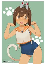 Rule 34 | 10s, 1girl, aircraft, airplane, animal ears, brown eyes, brown hair, capriccyo, cat day, cat ears, cat tail, contrapposto, cowboy shot, emphasis lines, facing viewer, fang, hair ornament, hairclip, highres, i-401 (kancolle), kantai collection, musical note, open mouth, paw pose, ponytail, sailor collar, school swimsuit, short hair, short ponytail, standing, swimsuit, swimsuit under clothes, tail, tan, twitter username