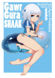 Rule 34 | 1girl, absurdres, artist name, ass, ball, barefoot, beachball, bikini, black bikini, blue background, blue eyes, blue jacket, breasts, character name, collarbone, copyright name, feet, fins, fish tail, full body, gawr gura, grin, highres, hololive, hololive english, icenight, jacket, legs, lying, on side, shark tail, sharp teeth, short hair, short sleeves, side-tie bikini bottom, silver hair, simple background, small breasts, smile, soles, solo, swimsuit, tail, teeth, thighs, toes, two side up, v, virtual youtuber