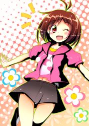 Rule 34 | 00s, 1girl, antenna hair, black skirt, blush, cropped legs, flower, hidaka ai, hood, hoodie, idolmaster, jacket, looking at viewer, miniskirt, navel, npon515, one eye closed, open mouth, outstretched arms, pink jacket, pink shirt, puffy short sleeves, puffy sleeves, red eyes, shirt, short hair, short sleeves, skirt, solo, thigh gap, wink