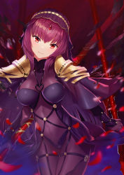 Rule 34 | 1girl, armor, blurry, bodysuit, breasts, covered navel, depth of field, dual wielding, fate/grand order, fate (series), gae bolg (fate), highres, holding, holding weapon, large breasts, long hair, pauldrons, petals, polearm, purple bodysuit, purple hair, ranyu, red eyes, scathach (fate), scathach (fate), shoulder armor, solo, spear, weapon
