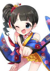 Rule 34 | 1girl, alternate hairstyle, arm support, bare shoulders, black hair, blue eyes, blue sleeves, blunt bangs, blush, bow, breasts, cowboy shot, detached sleeves, dot nose, dress bow, floral print, flower, frilled kimono, frilled sleeves, frills, furisode, hair flower, hair ornament, hand on own knee, highres, idolmaster, idolmaster cinderella girls, idolmaster cinderella girls starlight stage, index finger raised, japanese clothes, kanzashi, kimono, kimono skirt, leaning forward, long hair, long sleeves, looking at viewer, miniskirt, multicolored clothes, multicolored kimono, one eye closed, open mouth, print sleeves, reaching, reaching towards viewer, red bow, red flower, short kimono, side ponytail, simple background, skirt, sleeveless, sleeveless kimono, small breasts, smile, solo, standing, sukoyaka (100hituzi), ujiie mutsumi, white background
