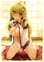 Rule 34 | 1girl, barefoot, bottomless, breast hold, breasts, chinchickrin, covering privates, covering breasts, detached sleeves, female focus, frog, futon, green hair, hair ornament, kneeling, kochiya sanae, large breasts, no bra, open clothes, open shirt, shirt, smile, snake, solo, touhou, yellow eyes