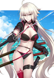 Rule 34 | 1girl, ahoge, beach, bikini, black bikini, black choker, black gloves, black jacket, breasts, buckle, choker, cleavage, cloud, cloudy sky, collarbone, cowboy shot, cropped jacket, day, fate/grand order, fate (series), floating hair, foreshortening, gloves, grin, groin, hair between eyes, hand on hilt, head tilt, high collar, highres, holding, holding sword, holding weapon, horizon, jacket, jeanne d&#039;arc alter (swimsuit berserker) (fate), jeanne d&#039;arc (fate), jeanne d&#039;arc alter (fate), jeanne d&#039;arc alter (swimsuit berserker) (fate), katana, large breasts, long hair, long sleeves, looking at viewer, navel, o-ring, o-ring bikini, o-ring bottom, o-ring top, ocean, open clothes, open jacket, outdoors, outstretched arm, pale skin, red thighhighs, scabbard, sheath, shigure s, shrug (clothing), sidelocks, single thighhigh, sky, sleeves rolled up, slit pupils, smile, solo, standing, stomach, swimsuit, sword, thigh gap, thigh strap, thighhighs, tsurime, unsheathed, v-shaped eyebrows, weapon, white hair, yellow eyes