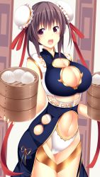 Rule 34 | 1girl, :d, bamboo steamer, baozi, black hair, blush, breasts, bun cover, cameltoe, china dress, chinese clothes, cleavage cutout, clothing cutout, cowboy shot, double bun, dress, eyebrows, food, frills, hair bun, hair ribbon, highres, holding, large breasts, navel, open mouth, original, panties, red eyes, red ribbon, ribbon, sleeveless, smile, solo, stomach, sukage, thigh strap, underwear, white panties