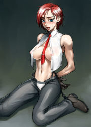 Rule 34 | 1girl, bang-you, bdsm, blue eyes, blush, bondage, bound, breasts, gloves, kneeling, large breasts, muscular, necktie, nipples, no bra, open clothes, open fly, open shirt, panties, pantyshot, red hair, see-through, shiny skin, shirt, short hair, snk, solo, tears, the king of fighters, underwear, unzipped, vanessa (kof)