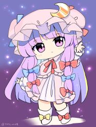 Rule 34 | 1girl, blue bow, blunt bangs, bow, chibi, closed mouth, crescent, crescent pin, dress, full body, gradient background, hair bow, hat, highres, long hair, long sleeves, looking at viewer, mob cap, multiple bows, patchouli knowledge, pink dress, pink headwear, purple background, purple eyes, purple hair, ramudia (lamyun), red bow, red neckwear, sidelocks, standing, touhou, twitter username, yellow bow