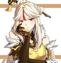 Rule 34 | 1girl, bare shoulders, black gloves, blonde hair, commentary request, genshin impact, gloves, hair ornament, hair stick, hand up, highres, long hair, looking at viewer, ningguang (genshin impact), red eyes, smile, solo, upper body, very long hair, zack (z kuu0720)