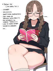 Rule 34 | ..., 1girl, ?, black serafuku, blunt bangs, blush, book, braid, breasts, brown hair, chair, closed eyes, closed mouth, collarbone, crossed legs, english text, facing viewer, feet out of frame, freckles, large breasts, long hair, long sleeves, miniskirt, navel, ohasi, open book, original, plump, school uniform, serafuku, simple background, sitting, skirt, solo, thick thighs, thighs, twin braids, white background