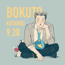 Rule 34 | 1boy, bag, ball, black footwear, black hair, black pants, blue necktie, bokuto koutarou, candy, character name, chengongzi123, collared jacket, collared shirt, dated, elbow rest, food, full body, grey background, grey hair, grey jacket, haikyuu!!, hand up, hashtag-only commentary, highres, indian style, jacket, lollipop, looking at viewer, male focus, mouth hold, multicolored hair, necktie, open mouth, pants, school uniform, shirt, short hair, simple background, sitting, streaked hair, striped necktie, thick eyebrows, very short hair, volleyball (object), white shirt, yellow eyes