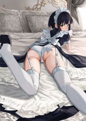 Rule 34 | 1girl, ass, black dress, black footwear, black hair, dress, from behind, garter straps, green eyes, highres, indoors, looking at viewer, looking back, luicent, lying, maid, maid headdress, on bed, on stomach, original, panties, short hair, short sleeves, solo, thighhighs, underwear, white panties, white thighhighs