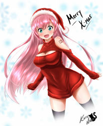 Rule 34 | 1girl, :d, artist name, bare shoulders, black thighhighs, blue eyes, blush, breasts, christmas, cleavage cutout, clothing cutout, hat, kuro neko 7, kuronekok77, large breasts, long hair, looking at viewer, megurine luka, meme attire, merry christmas, no pants, open-chest sweater, open mouth, pink hair, ribbed sweater, santa hat, signature, smile, solo, sweater, thighhighs, turtleneck, vocaloid