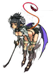 Rule 34 | 1girl, aililith, armor, black hair, blunt bangs, breasts, cleavage, female focus, fingernails, from side, full body, garter straps, grey eyes, leaning forward, lips, long fingernails, low wings, original, pauldrons, pointy ears, shoulder armor, simple background, sketch, solo, tail, whip, white background, wings