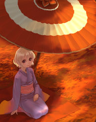 Rule 34 | 1girl, blonde hair, blush, from above, japanese clothes, kimono, kneeling, leaf, lowres, maple leaf, oil-paper umbrella, original, parasol, red theme, seiza, short hair, sitting, solo, umbrella, weno, weno&#039;s blonde original character, wide sleeves