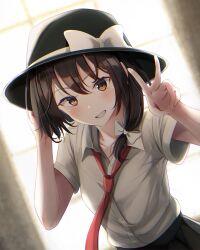 Rule 34 | 1girl, black hat, blurry, blurry background, bow, brown eyes, brown hair, dutch angle, fumei (mugendai), hair bow, hand on headwear, hat, hat bow, highres, looking at viewer, necktie, puffy short sleeves, puffy sleeves, red necktie, shirt, short sleeves, smile, solo, touhou, usami renko, v, white bow, white shirt