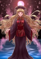 Rule 34 | 1girl, animal print, belt, bird print, black eyes, black hat, black sky, blonde hair, breasts, chinese clothes, closed mouth, crescent, crescent print, dress, earth (planet), energy, floral print, hat, highres, junko (touhou), kyabekko, long hair, long sleeves, looking at viewer, mandarin collar, medium breasts, neck ribbon, ocean, outdoors, phoenix crown, phoenix print, planet, pom pom (clothes), red belt, red eyes, red tabard, ribbon, rose print, sky, smile, solo, space, standing, star (sky), starry sky, tabard, tassel, touhou, water, wavy hair, wide sleeves, yellow ribbon