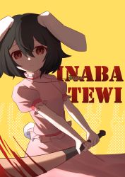 Rule 34 | 1girl, absurdres, animal ears, baseball bat, black hair, carrot necklace, character name, closed mouth, commentary, cowboy shot, expressionless, floppy ears, frilled sleeves, frills, hair between eyes, highres, holding, holding baseball bat, inaba tewi, jewelry, looking at viewer, necklace, pink shirt, pink skirt, puffy short sleeves, puffy sleeves, rabbit ears, rabbit girl, rabbit tail, red eyes, shirt, short hair, short sleeves, skirt, skirt set, solo, tail, touhou, waterappliance, yellow background