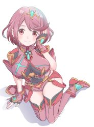 Rule 34 | 1girl, armor, ayaran, covered navel, earrings, fingerless gloves, gloves, highres, jewelry, looking at viewer, nintendo, pyra (xenoblade), red hair, red shorts, short hair, shorts, shoulder armor, sidelocks, smile, solo, swept bangs, tiara, xenoblade chronicles (series), xenoblade chronicles 2
