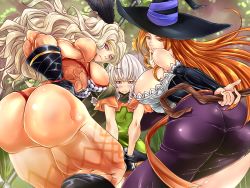 Rule 34 | 3girls, amazon (dragon&#039;s crown), ass, bare shoulders, bent over, blonde hair, blush, breasts, detached sleeves, dragon&#039;s crown, elf (dragon&#039;s crown), feathers, gloves, hat, large breasts, long hair, multiple girls, purple eyes, red eyes, sideboob, silver hair, sorceress (dragon&#039;s crown), staff, thick thighs, thighs, thong, witch hat, yamaneko