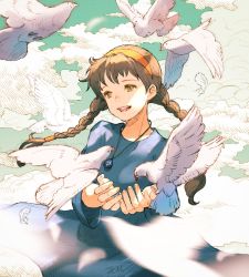 Rule 34 | 1girl, bird, bird on hand, blue dress, blue sky, braid, brown hair, cloud, commentary, cowboy shot, dress, falling feathers, feathers, flock, hair tubes, hairband, hatching (texture), highres, jewelry, kuroimori, long hair, long sleeves, looking to the side, motion blur, open mouth, outdoors, pendant, sheeta, short bangs, signature, sky, smile, solo, symbol-only commentary, tenkuu no shiro laputa, twin braids, white bird, yellow eyes, yellow hairband