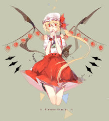 Rule 34 | 1girl, ascot, black bow, blonde hair, bow, broken, broken chain, chain, character name, chinese commentary, chinese lantern (plant), commentary, fingernails, flandre scarlet, full body, green ascot, grey background, hair between eyes, hand to own mouth, hands up, hat, hat ribbon, highres, long hair, looking at viewer, mob cap, nail polish, one side up, pointy ears, puffy short sleeves, puffy sleeves, red eyes, red nails, red ribbon, red skirt, ribbon, shirt, short sleeves, simple background, skirt, slit pupils, solo, suspender skirt, suspenders, touhou, transparent (randomhs), very long hair, waist bow, white hat, white shirt, wings, wrist cuffs