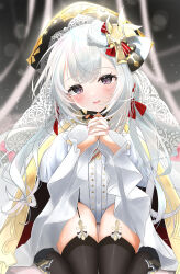 Rule 34 | 1girl, absurdres, azur lane, black bow, black thighhighs, blurry, blurry background, blush, bow, buttons, center frills, commentary, cross hair ornament, double-breasted, flandre (azur lane), frills, garter straps, hair bow, hair ornament, hair ribbon, hat, head tilt, highres, interlocked fingers, kneeling, long hair, long sleeves, low twintails, nail polish, open mouth, own hands together, pink nails, purple eyes, red bow, red ribbon, ribbon, sidelocks, smile, solo, thigh gap, thighhighs, thighs, tsuri pi, twintails, veil, white bow, white hair, wide sleeves