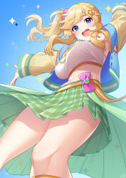 Rule 34 | 1girl, blonde hair, blue eyes, blush, breasts, crop top, feet out of frame, from below, green skirt, hair ornament, hair scrunchie, highres, idolmaster, idolmaster cinderella girls, jacket, large breasts, letterman jacket, looking at viewer, mikapoe, navel, ohtsuki yui, one side up, plaid, plaid skirt, pleated skirt, print tube top, scrunchie, see-through, see-through sleeves, skirt, smile, solo, sparkle, tube top