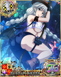 Rule 34 | 1girl, ass, bag, belt, black gloves, blue bow, boots, bow, braid, breasts, brown footwear, card (medium), chess piece, female focus, gloves, grayfia lucifuge, grey eyes, grey hair, hair bow, hat, high school dxd, large breasts, lipstick, makeup, matching hair/eyes, pouch, queen (chess), red lips, satchel, smile, solo, tagme, thigh strap, twin braids, underboob