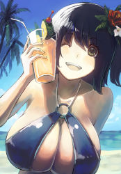 Rule 34 | 1girl, bad id, bad pixiv id, beach, blue hair, breasts, cleavage, day, drink, flower, green eyes, hair flower, hair ornament, hanging breasts, hisagi hotaru, huge breasts, o-ring, o-ring top, ocean, one eye closed, palm tree, smile, solo, swimsuit, tree, wink