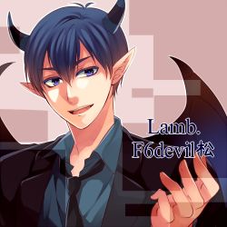 Rule 34 | 10s, 1boy, blue eyes, blue hair, demon horns, demon wings, f6 (osomatsu-san), formal, horns, izumi chiro, looking to the side, male focus, matching hair/eyes, matsuno karamatsu, necktie, osomatsu-kun, osomatsu-san, osomatsu (series), pointy ears, smile, solo, suit, wings