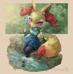 Rule 34 | 1girl, absurdres, animal ear fluff, animal ears, animal nose, arm up, artist name, black fur, blue hakama, blush, body fur, border, braixen, breasts, brown border, closed mouth, clothed pokemon, creatures (company), day, detached sleeves, female focus, flower, food, fox ears, fox girl, fox tail, full body, furry, furry female, game freak, gen 6 pokemon, grass, green background, green kimono, green sleeves, hair flower, hair ornament, hakama, hakama short skirt, hakama skirt, highres, holding, holding food, japanese clothes, kimono, legs together, looking at viewer, medium breasts, multicolored fur, nintendo, outdoors, outside border, partially submerged, pepper gecko72, pink footwear, pocket, pokemon, pokemon (creature), popsicle, red eyes, shirt tucked in, signature, sitting, skirt, sleeveless, sleeveless kimono, snout, soaking feet, solo, stream, tail, thighs, twitter username, v-shaped eyebrows, water, white fur, wide sleeves, yellow fur