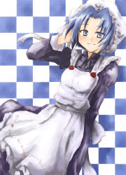 Rule 34 | 1girl, apron, arm up, blush, checkered background, dutch angle, frills, hand in own hair, long sleeves, looking at viewer, maid, maid apron, maid headdress, original, simple background, solo