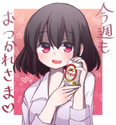 Rule 34 | 1girl, :d, beer can, black hair, can, collared shirt, commentary request, dress shirt, drink can, floral background, hair between eyes, heart, highres, holding, holding can, long sleeves, looking at viewer, open mouth, original, red background, red eyes, rensei, shirt, smile, solo, translation request, two-tone background, upper body, white background, white shirt