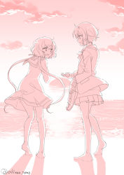 Rule 34 | 2girls, :d, barefoot, beach, blazer, cloud, dress, from side, holding, holding shoes, jacket, konno junko, loafers, long hair, looking at another, low twintails, mizuno ai, monochrome, multiple girls, ooshima tomo, open mouth, pleated skirt, profile, sailor dress, school uniform, shoes, unworn shoes, short hair, skirt, sky, smile, standing, twintails, very long hair, zombie land saga