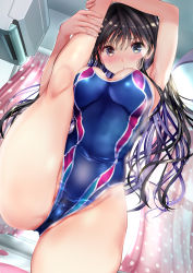 Rule 34 | 1girl, absurdres, armpits, black hair, blue eyes, blue one-piece swimsuit, blush, breasts, cameltoe, competition swimsuit, flexible, highres, kneepits, large breasts, leg lift, leg up, long hair, looking at viewer, ogata tei, one-piece swimsuit, original, solo, split, standing, standing on one leg, standing split, stretching, swimsuit