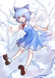 Rule 34 | 1girl, blue dress, blue eyes, blue hair, bow, circled 9, cirno, dress, gradient background, hair bow, highres, hoshibuchi, ice, ice wings, looking at viewer, mary janes, matching hair/eyes, open mouth, puffy short sleeves, puffy sleeves, shirt, shoes, short sleeves, smile, solo, touhou, wings