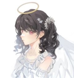Rule 34 | 1girl, :o, black hair, collarbone, dress, fukumaru koito, halo, highres, idolmaster, idolmaster shiny colors, looking at viewer, mokuto, red eyes, simple background, solo, twintails, upper body, wavy hair, white background, white dress, white wings, wings