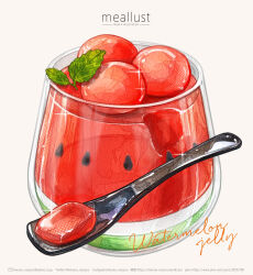 Rule 34 | absurdres, artist name, berry, commentary, english text, food, food focus, fruit, glass, haruna macpro, highres, mint, no humans, original, simple background, sparkle, spoon, watermelon, watermelon slice, white background